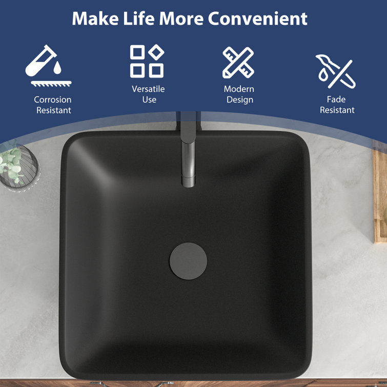 16" Square Matte Black Tempered Glass Vessel Sink