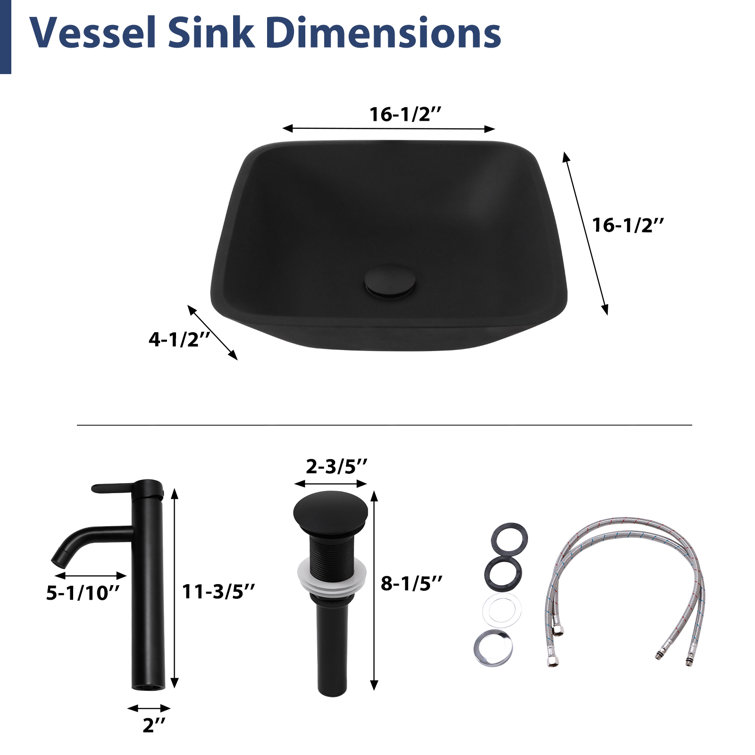 16" Square Matte Black Tempered Glass Vessel Sink
