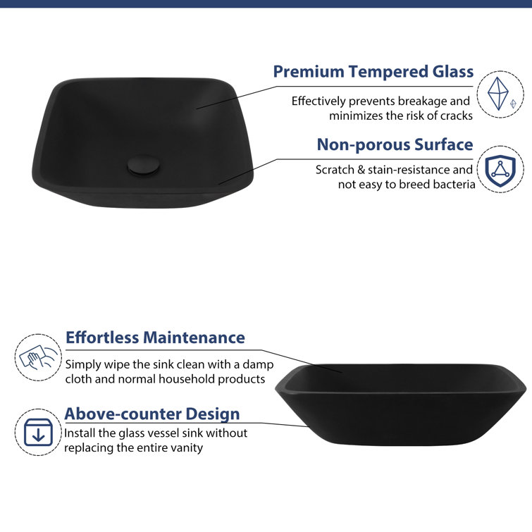 16" Square Matte Black Tempered Glass Vessel Sink