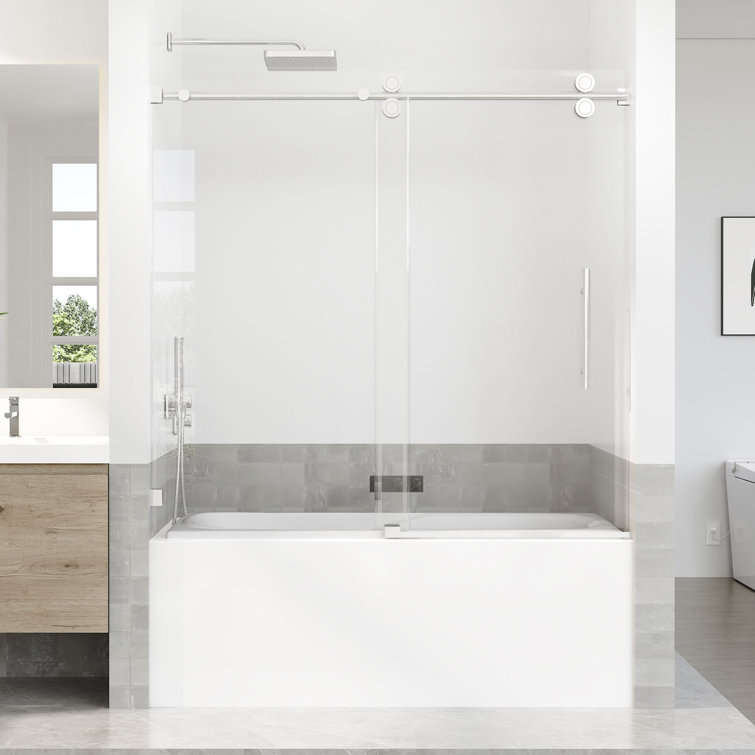 Brushed Nickel Frameless Sliding Shower Door with Clear Tempered Glass