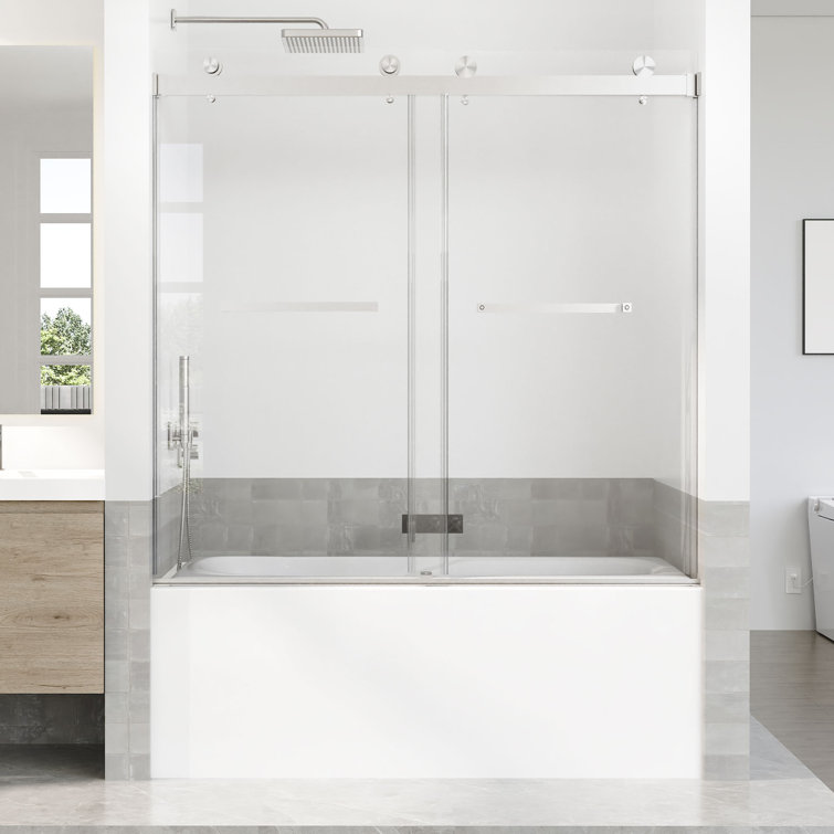 Brushed Nickel Frameless Sliding Shower Door with Clear Tempered Glass