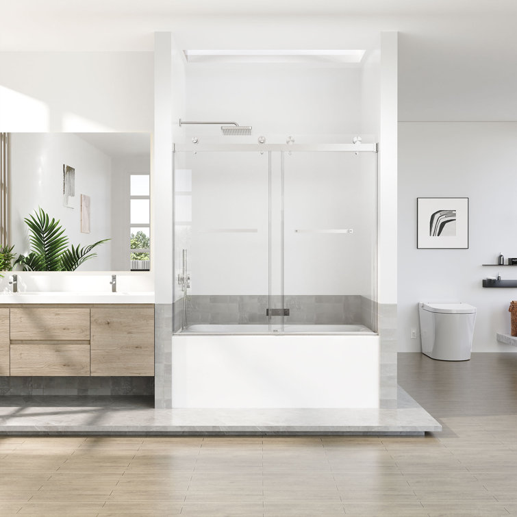 Brushed Nickel Frameless Sliding Shower Door with Clear Tempered Glass