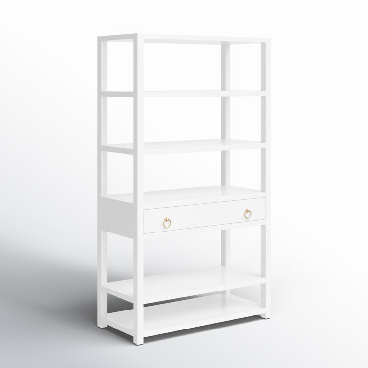 Elevated Elegance White Acacia Wood Etagere Bookcase with Gold Hardware