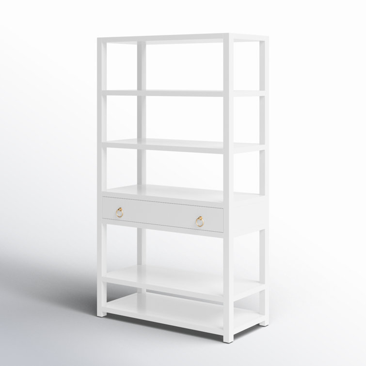 Elevated Elegance White Acacia Wood Etagere Bookcase with Gold Hardware