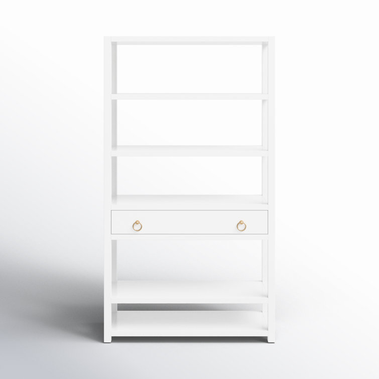Elevated Elegance White Acacia Wood Etagere Bookcase with Gold Hardware
