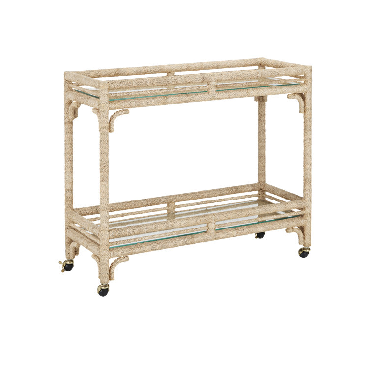 Natural Abaca Rope Bar Cart with Glass Shelves and Casters