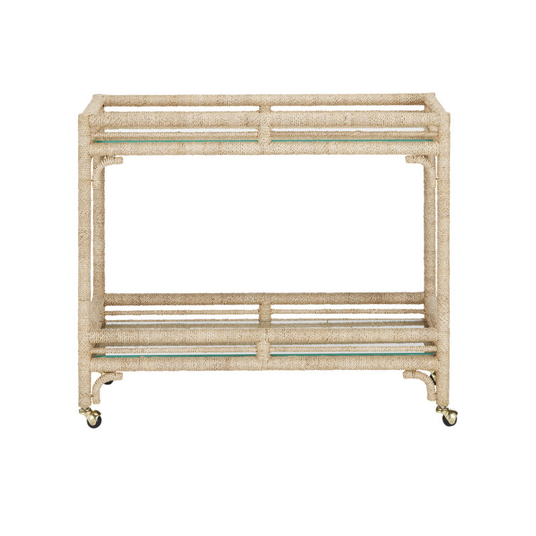 Natural Abaca Rope Bar Cart with Glass Shelves and Casters