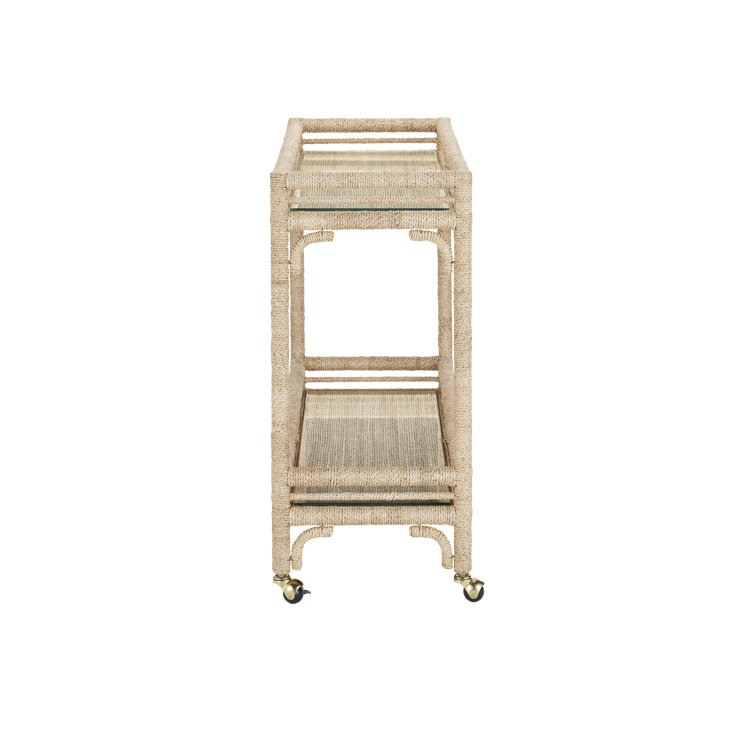 Natural Abaca Rope Bar Cart with Glass Shelves and Casters