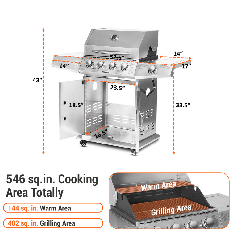 Stainless Steel 4-Burner Propane Gas BBQ Grill with Side Burner