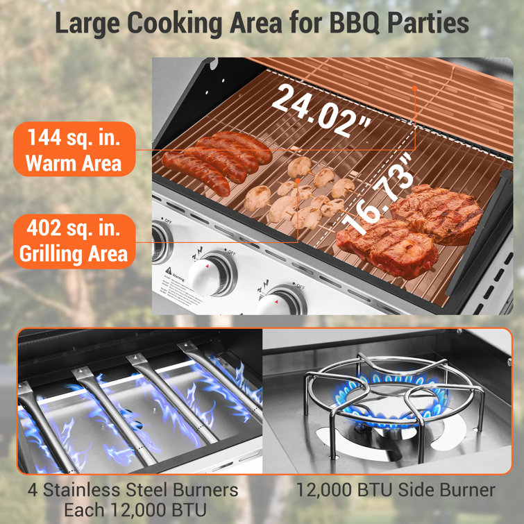 Stainless Steel 4-Burner Propane Gas BBQ Grill with Side Burner