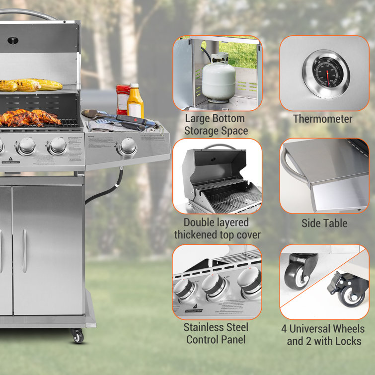 Stainless Steel 4-Burner Propane Gas BBQ Grill with Side Burner