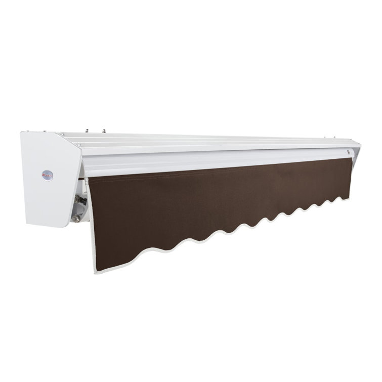 14' Wide Brown Acrylic Manual Retractable Awning with White Frame