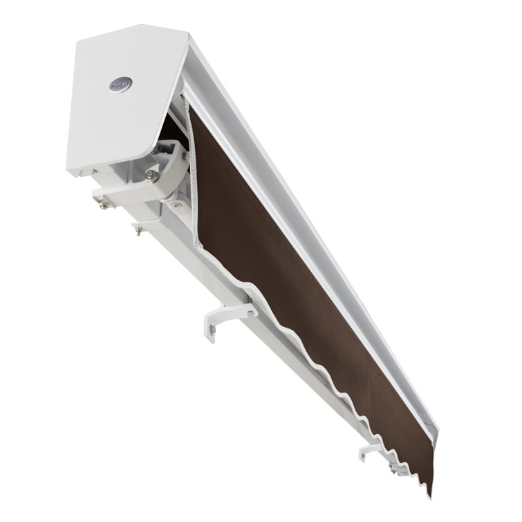 14' Wide Brown Acrylic Manual Retractable Awning with White Frame