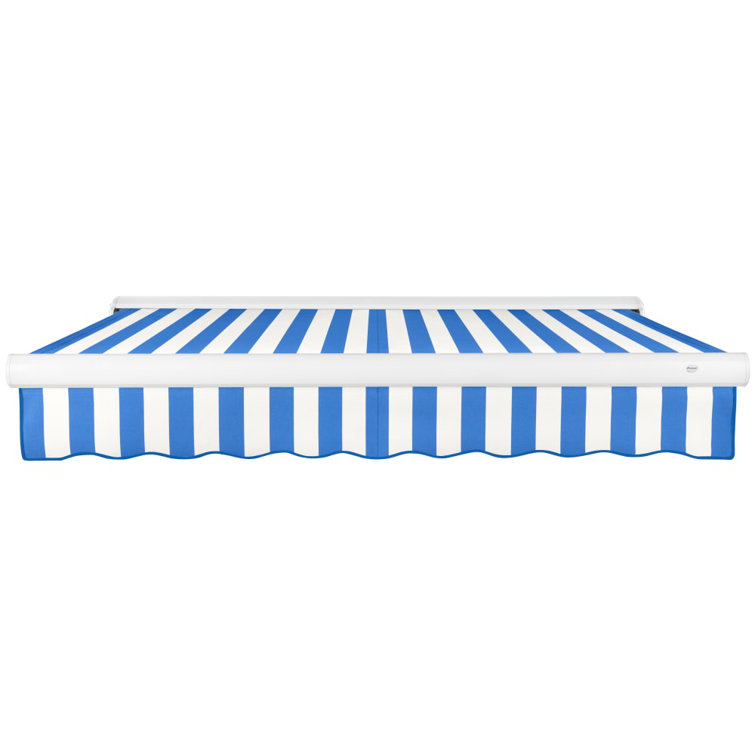 Blue and White Striped Motorized Retractable Patio Awning with Cassette