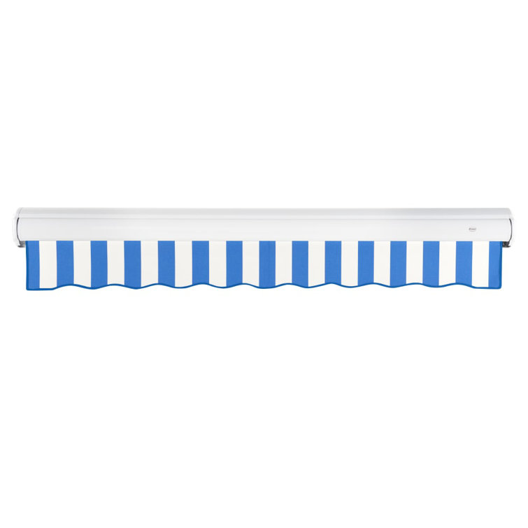 Blue and White Striped Motorized Retractable Patio Awning with Cassette