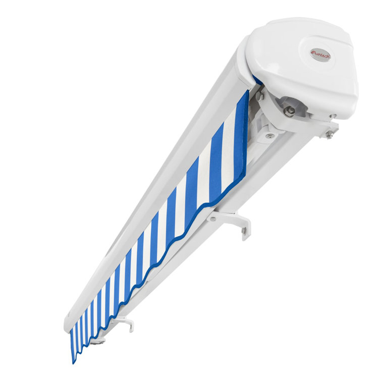 Blue and White Striped Motorized Retractable Patio Awning with Cassette