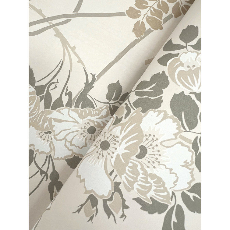 Ivory and Gray Floral Pre-pasted Washable Wallpaper