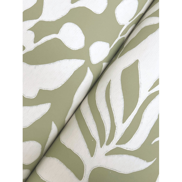Sage Green and White Palm Leaf Non-pasted Wallpaper Roll