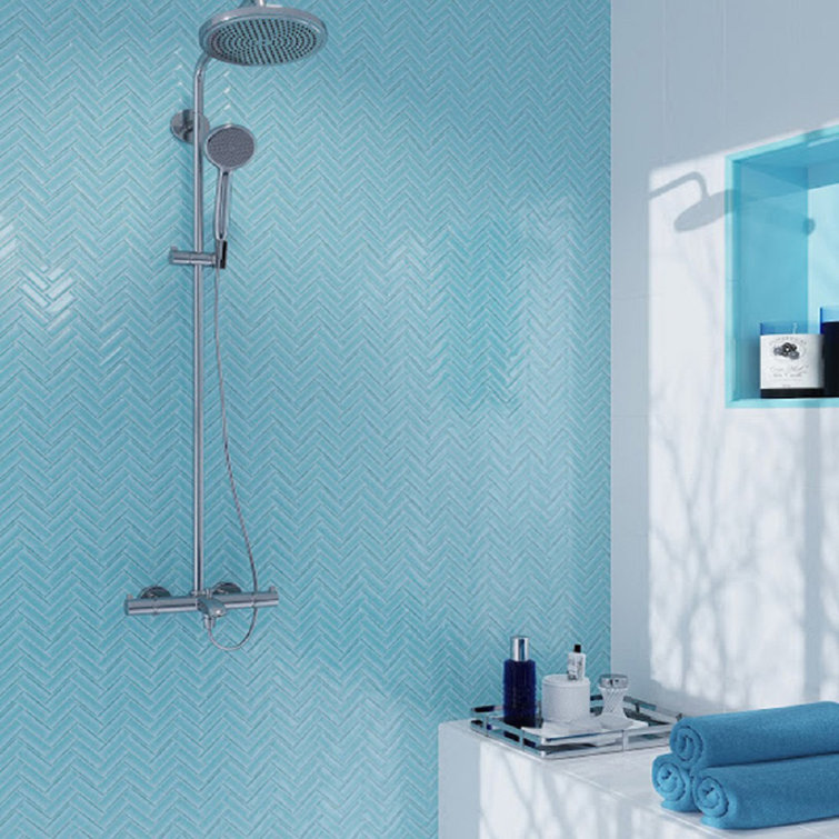 Sky Blue Herringbone Polished Glass Mosaic Tile