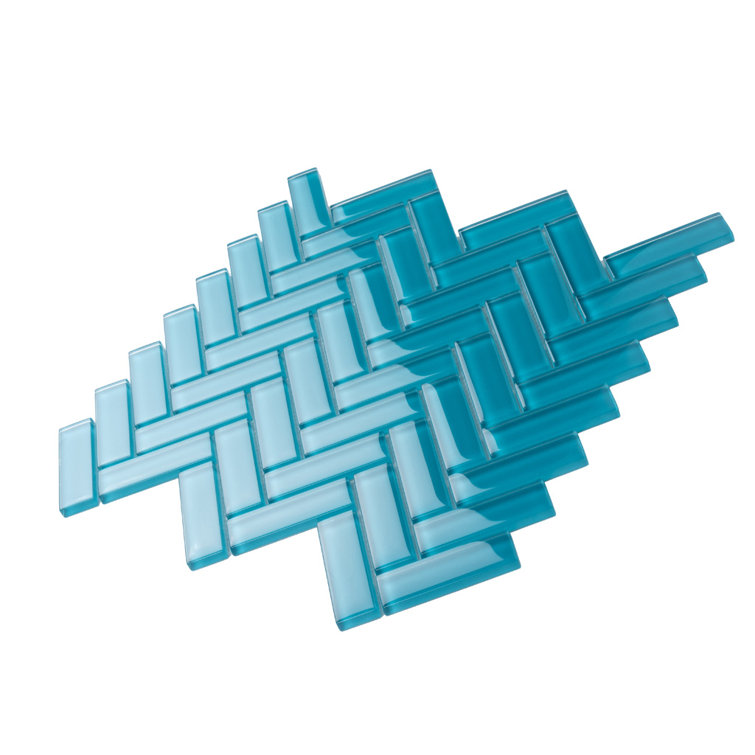 Sea Blue Herringbone Polished Glass Mosaic Tile 11" x 12.6"