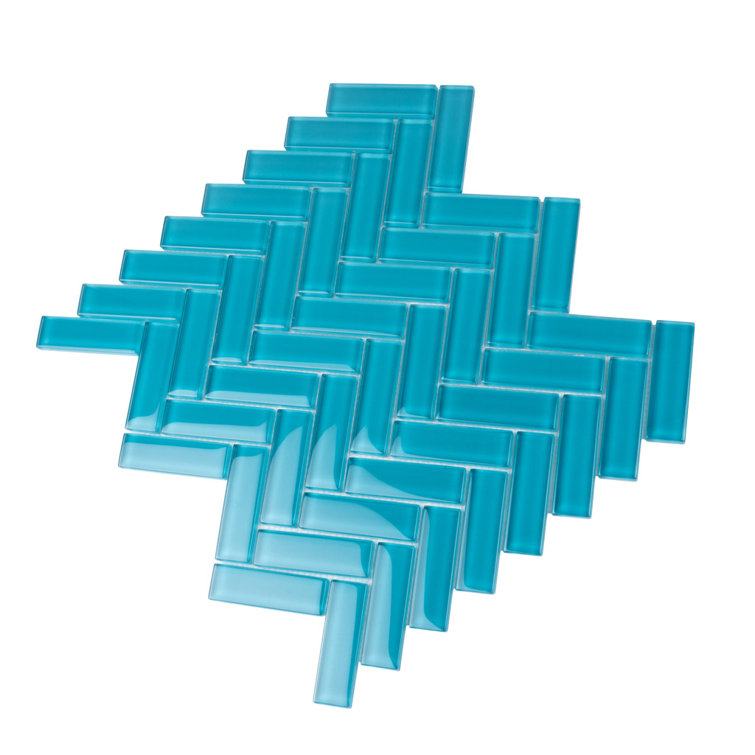Sea Blue Herringbone Polished Glass Mosaic Tile 11" x 12.6"