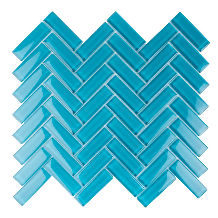 Sea Blue Herringbone Polished Glass Mosaic Tile 11" x 12.6"