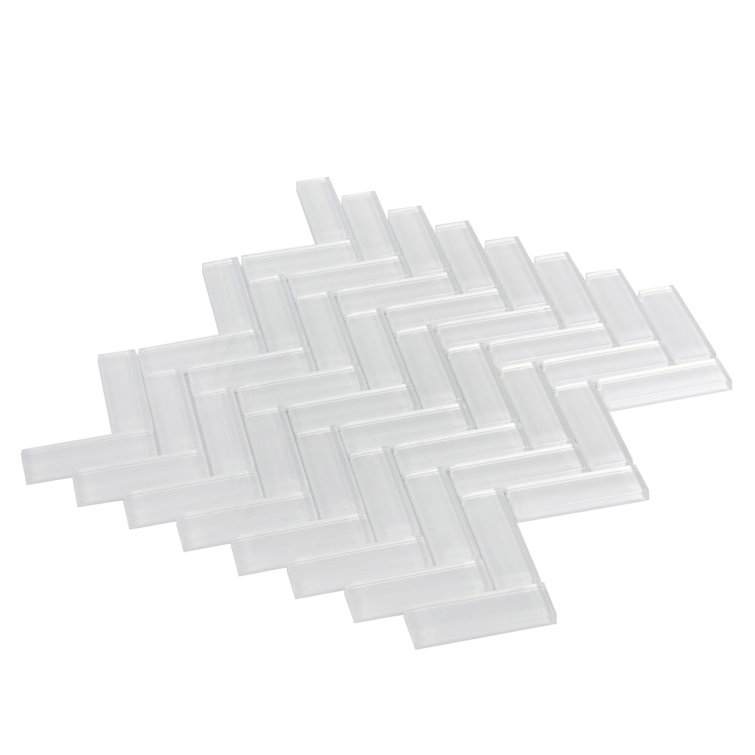 Ice White Herringbone Polished Glass Mosaic Tile 11" x 12.6"