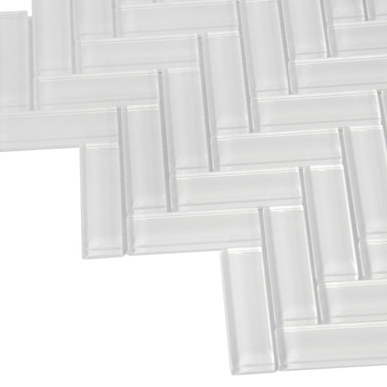 Ice White Herringbone Polished Glass Mosaic Tile 11" x 12.6"
