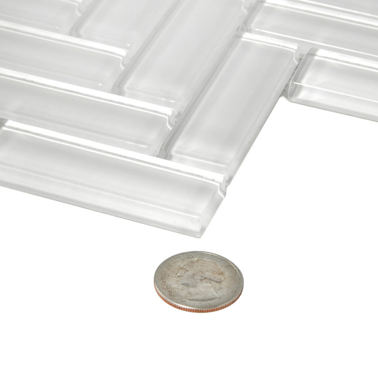 Ice White Herringbone Polished Glass Mosaic Tile 11" x 12.6"