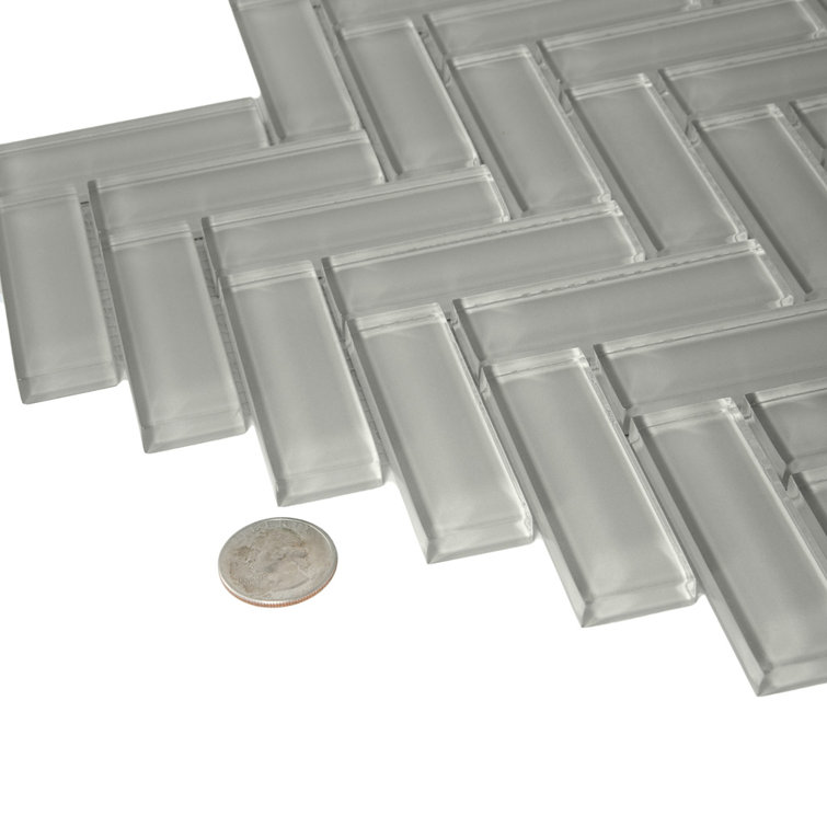 Beige Herringbone Polished Glass Mosaic Tile 11" x 12.6"