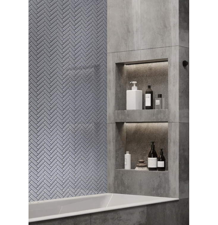 Beige Herringbone Polished Glass Mosaic Tile 11" x 12.6"