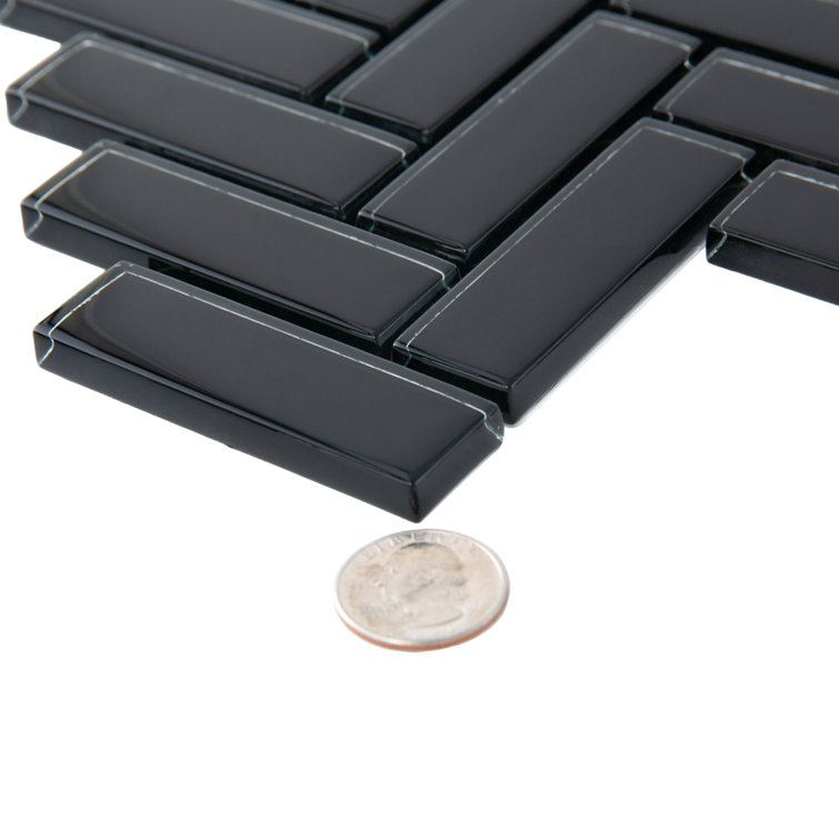 Black Herringbone Polished Glass Mosaic Tile for Walls