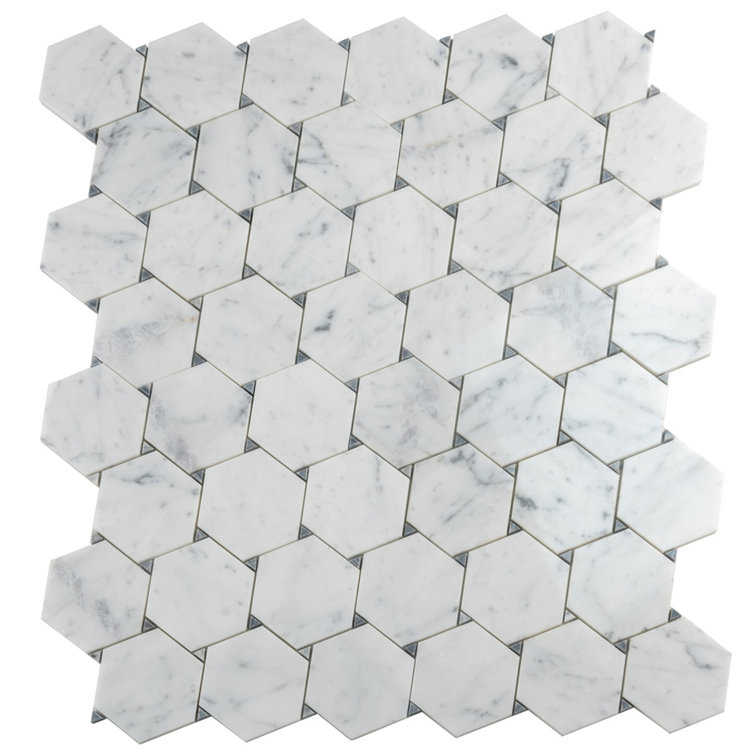 Athens White and Gray Polished Marble Hexagon Mosaic Tile