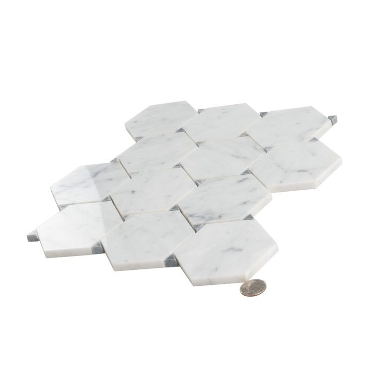 Athens White and Gray Polished Marble Hexagon Mosaic Tile