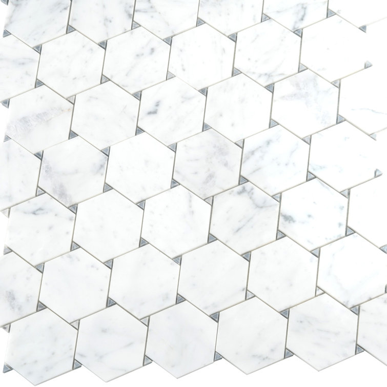 Athens White and Gray Polished Marble Hexagon Mosaic Tile