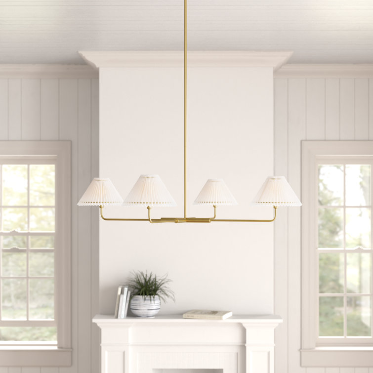 Natural Brass 4-Light Sputnik Chandelier with White Linen Shades