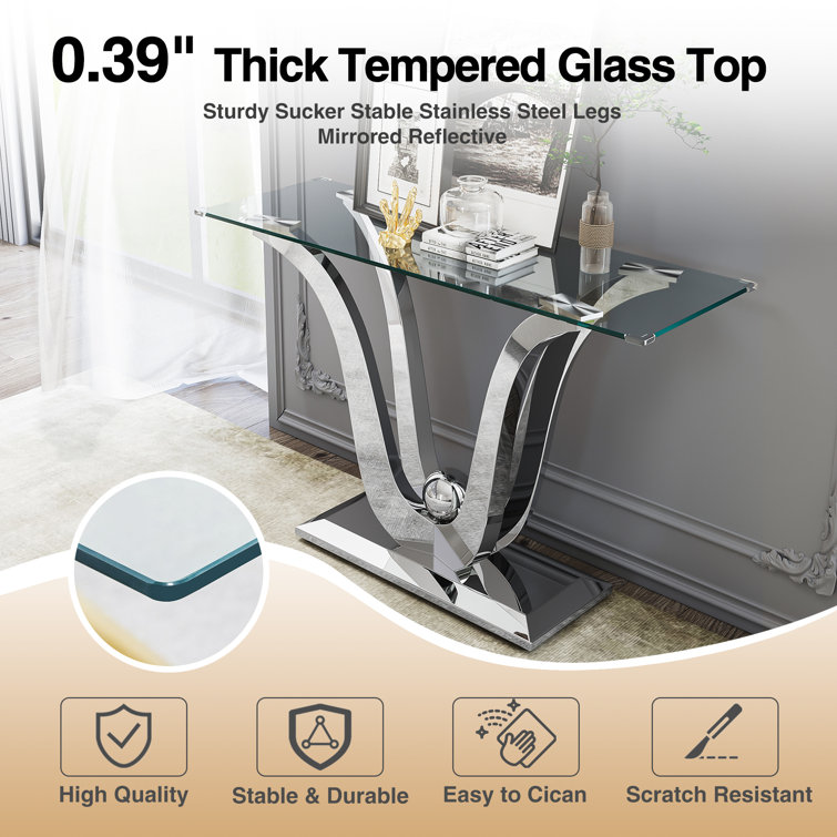 Silver Glass Console Table with Mirror Finish Stainless Steel Base