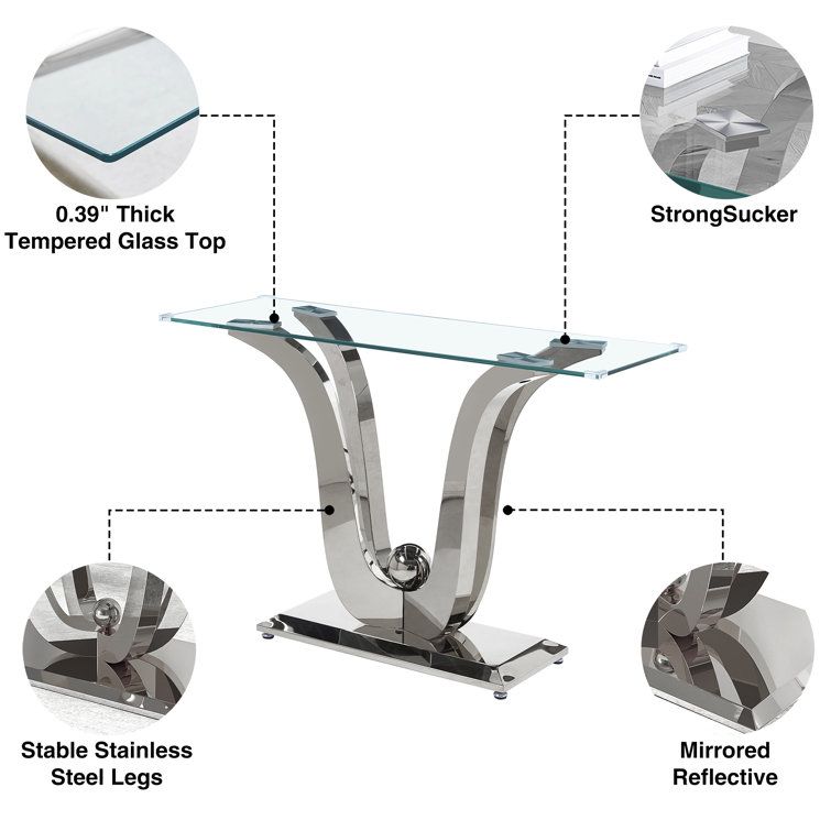 Silver Glass Console Table with Mirror Finish Stainless Steel Base