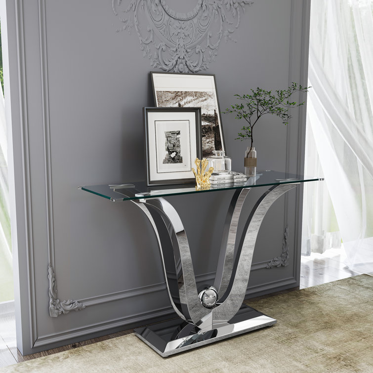 Silver Glass Console Table with Mirror Finish Stainless Steel Base