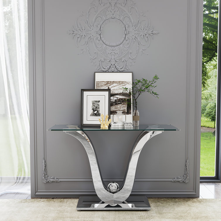 Silver Glass Console Table with Mirror Finish Stainless Steel Base