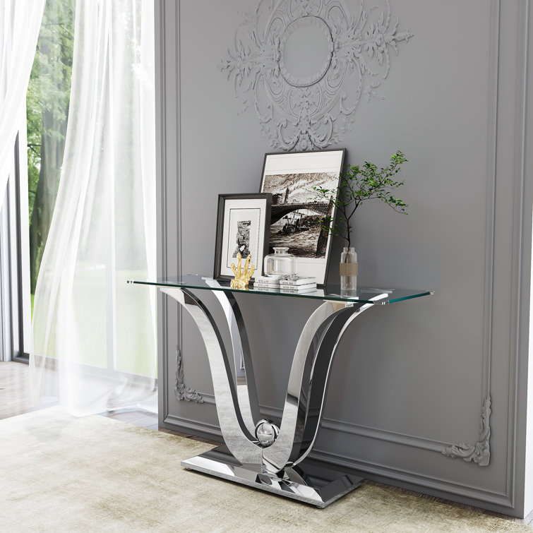 Silver Glass Console Table with Mirror Finish Stainless Steel Base