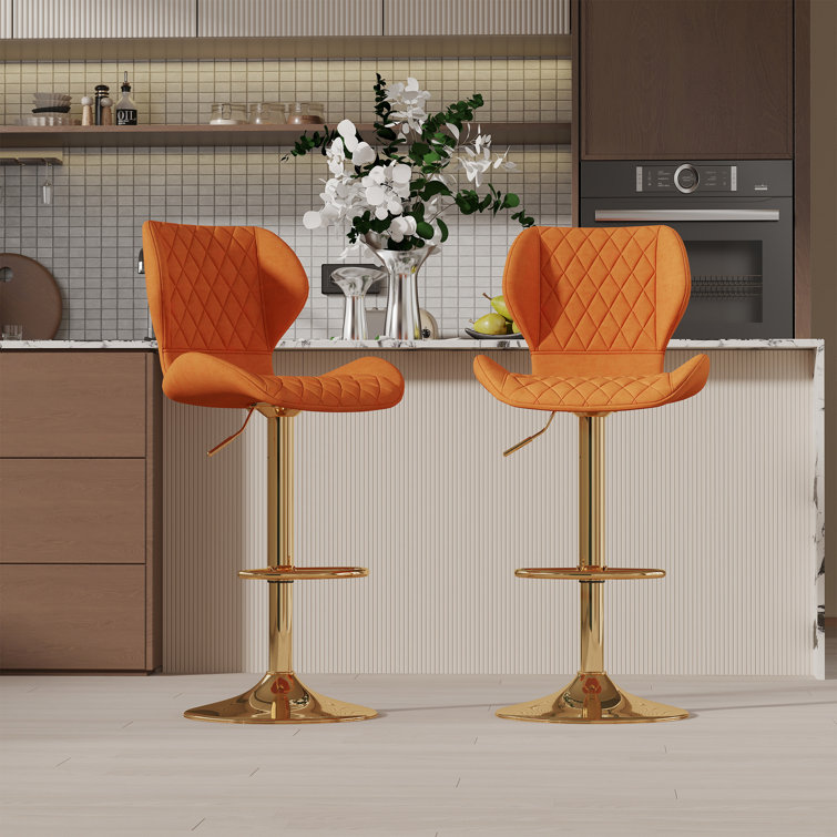 Orange Velvet Adjustable Swivel Bar Stools with Gold Base
