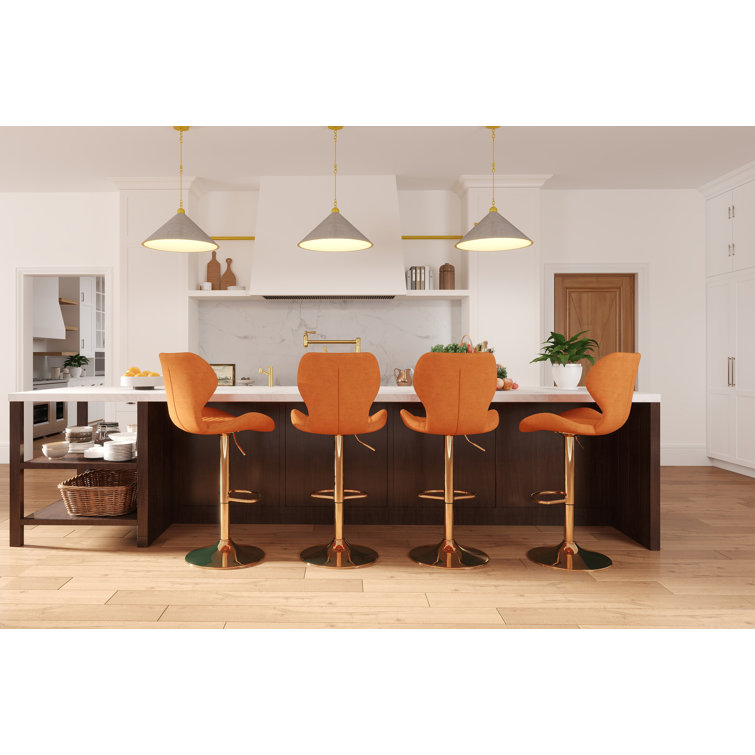 Orange Velvet Adjustable Swivel Bar Stools with Gold Base