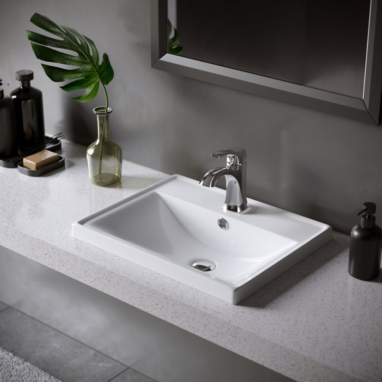 White Ceramic Rectangular Top Mount Bathroom Sink with Overflow Drain