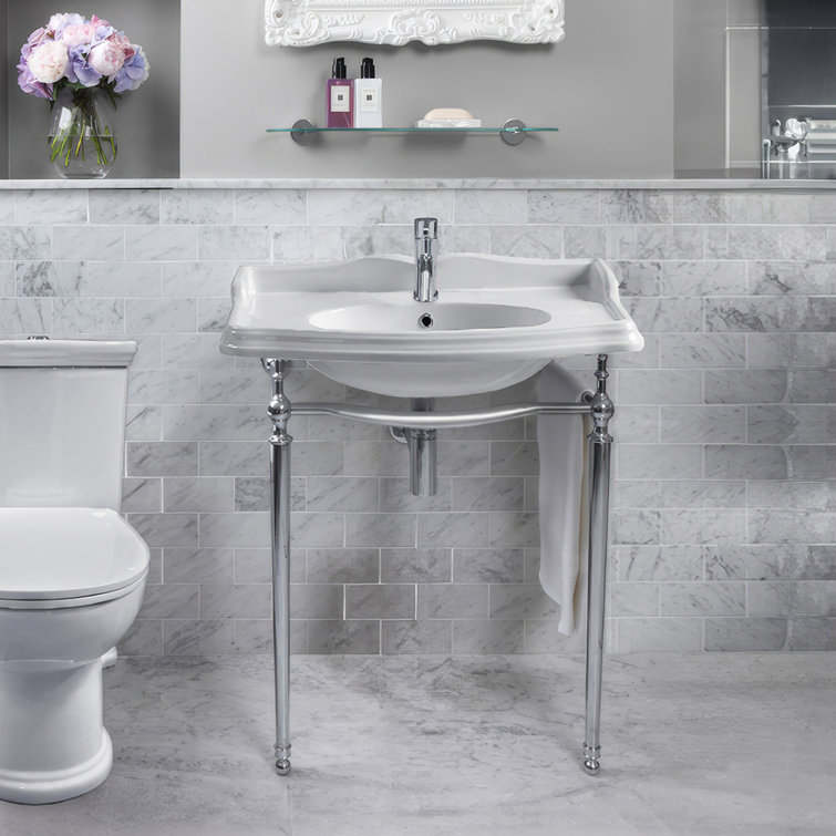 White Ceramic Wall-Mount Console Sink with Chrome Legs