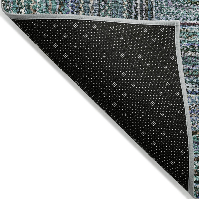 Teal Synthetic Washable Geometric Indoor/Outdoor Rug 2'3" x 7'6"