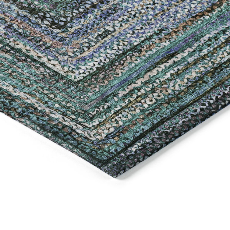 Teal Synthetic Washable Geometric Indoor/Outdoor Rug 2'3" x 7'6"