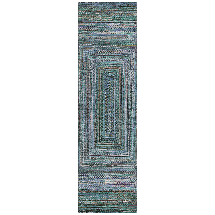 Teal Synthetic Washable Geometric Indoor/Outdoor Rug 2'3" x 7'6"