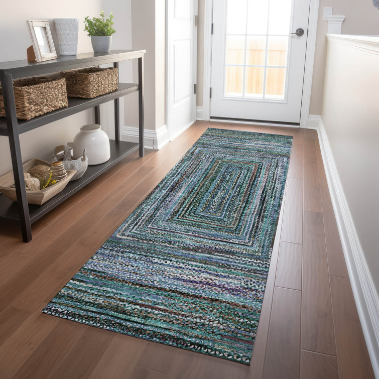 Teal Synthetic Washable Geometric Indoor/Outdoor Rug 2'3" x 7'6"