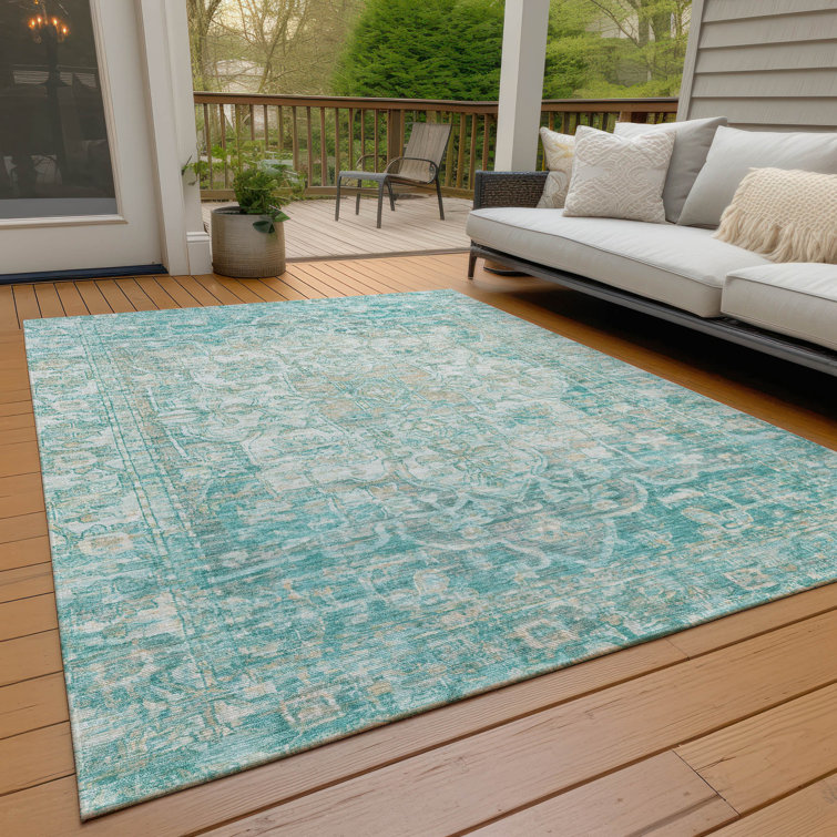 Teal Rectangular Washable Synthetic Traditional Persian Rug 3' x 5'